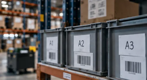Gelabelde opslagbakken in magazijnrekken.