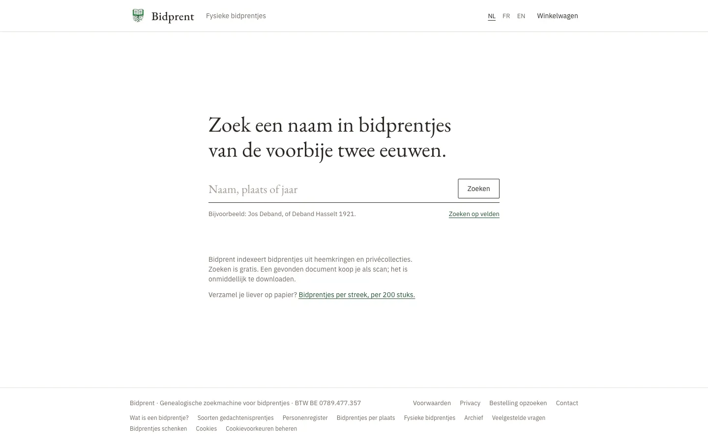 De zoekpagina van Bidprent.